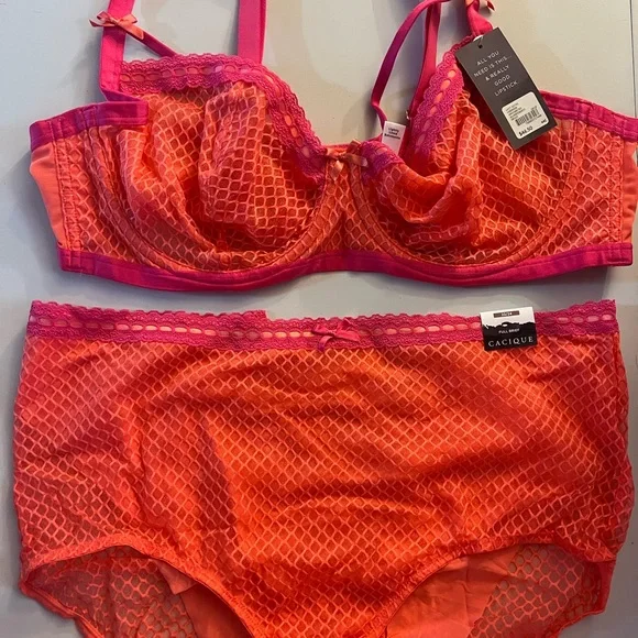 Cacique 44C & 22/24 Vibrant Orange and Pink Lace Bra Set NWT - Picture 2 of 3